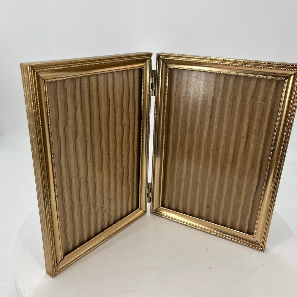Gold Tone Double Hinged Picture Frame Ornate Folding 5x7 Tabletop Photo Display
